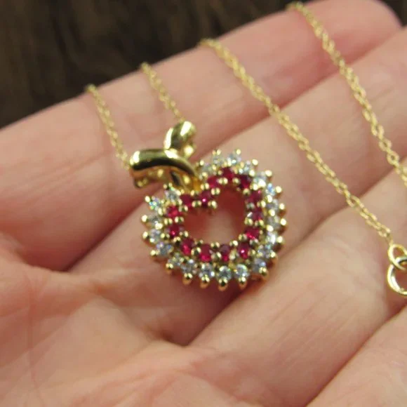 18" Sterling Silver Ruby & Cubic Zirconia Gold Plated Heart Necklace Vintage - Picture 4 of 8